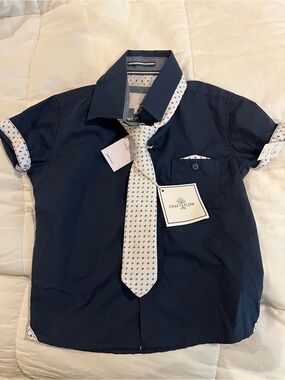 Craft & Flow Boys' Navy Short-Sleeve Button-Down Shirt with White Patterned Tie